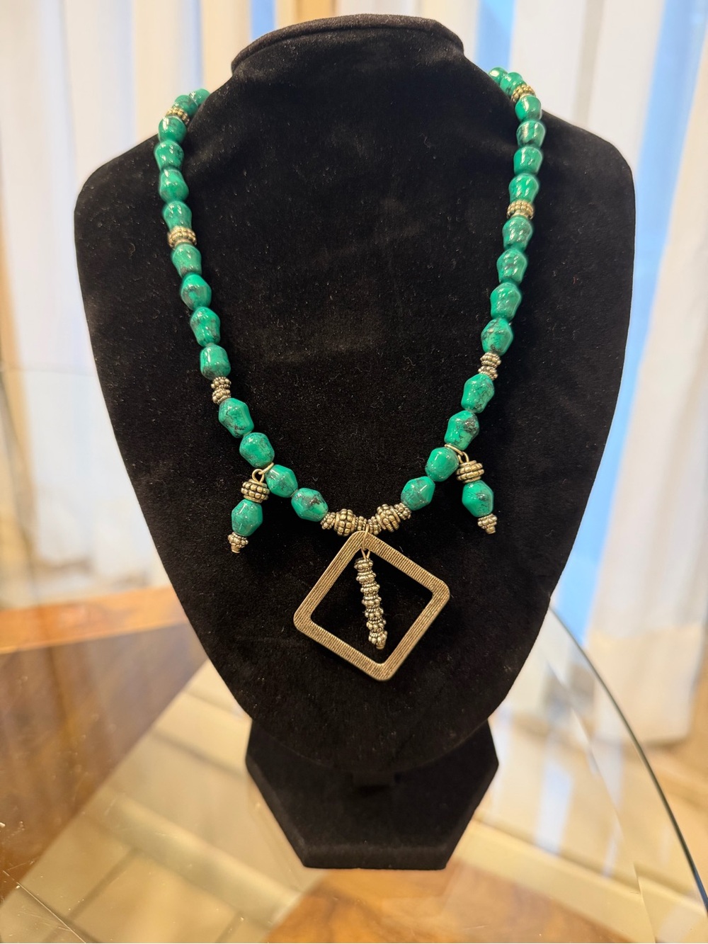 Handmade Turquoise Bead Statement Necklace with Geometric Pendant